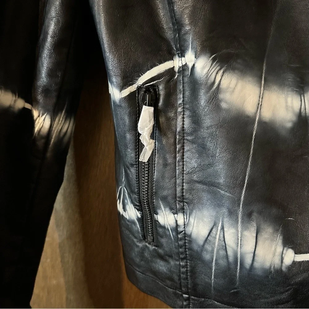 Tribal Women’s Black White Tie Dye Print Faux Vegan Leather Jacket Sz S NWT - Picture 6 of 13